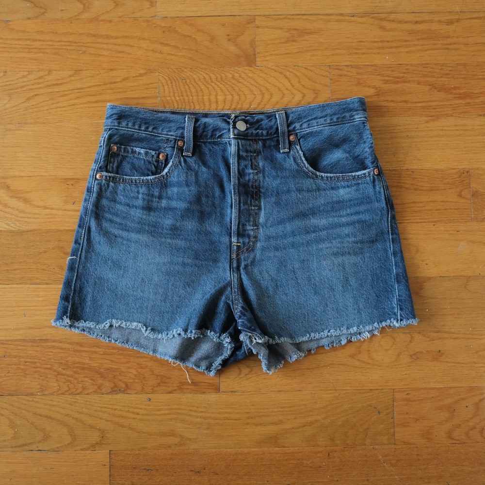 Levis Ribcage Shorts Womens Blue High Rise Cutoff Denim 31 Button Fly Casual